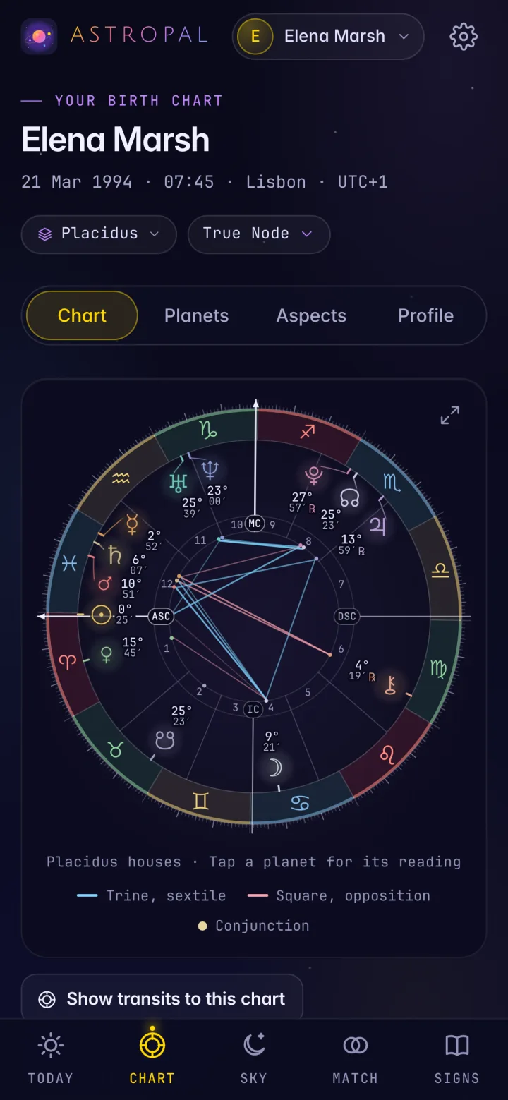 The Chart tab for Elena Marsh: a natal chart wheel with an element-coloured sign band, Placidus houses and aspect lines, under the Placidus and True Node chips and the Chart, Planets, Aspects and Profile views