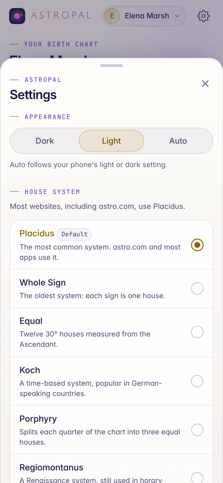 Settings in the Light theme: pale pearl surfaces with deep indigo text, the Appearance control set to Light between Dark and Auto, and the house system list below