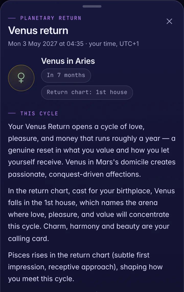 An opened Venus return, on 3 May 2027 and in 7 months: the heading Venus in Aries with the return chart's 1st house, and This cycle paragraphs on the year's love, pleasure and money, where Venus falls in the return chart cast for the birthplace, and the sign rising in it